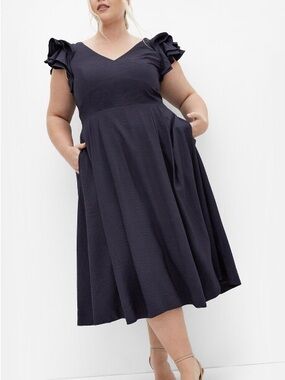 City Chic Navy V-Neck Carla Midi Dress with Ruffle Sleeves, 22